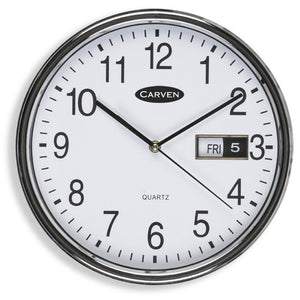Carven 285mm wall clock with a silver rim and white face, black numerals and a day and date window showing FRI 5 beside the 3