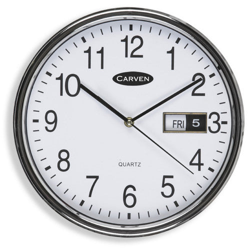 Carven 285mm analogue wall clock with white face, silver frame, glass cover, and day-date display