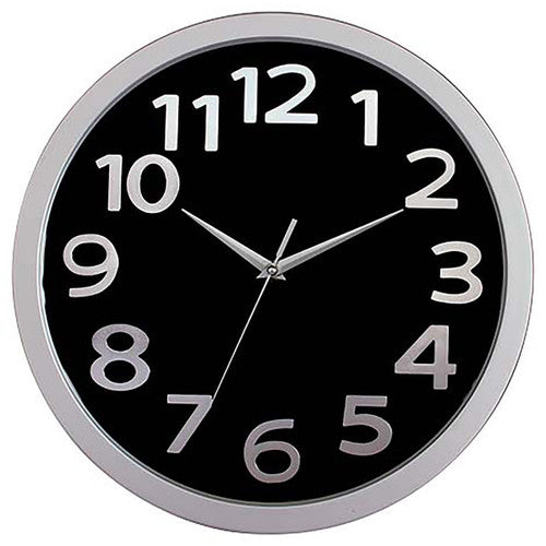 Carven 330mm wall clock with a silver rim, black face and large silver numerals with silver hands, front on
