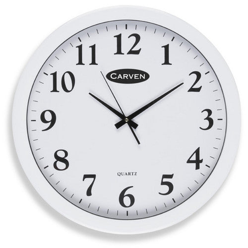 Carven CL450WH 450mm round analogue wall clock with white frame and glass face