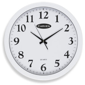 Carven CL450WH 450mm round analogue wall clock with white frame and glass face