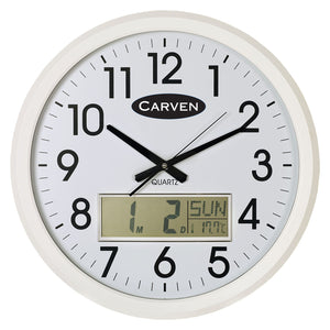 Carven 470mm white wall clock front on, black numerals, Carven logo and an LCD panel under the hands showing date, day and temperature