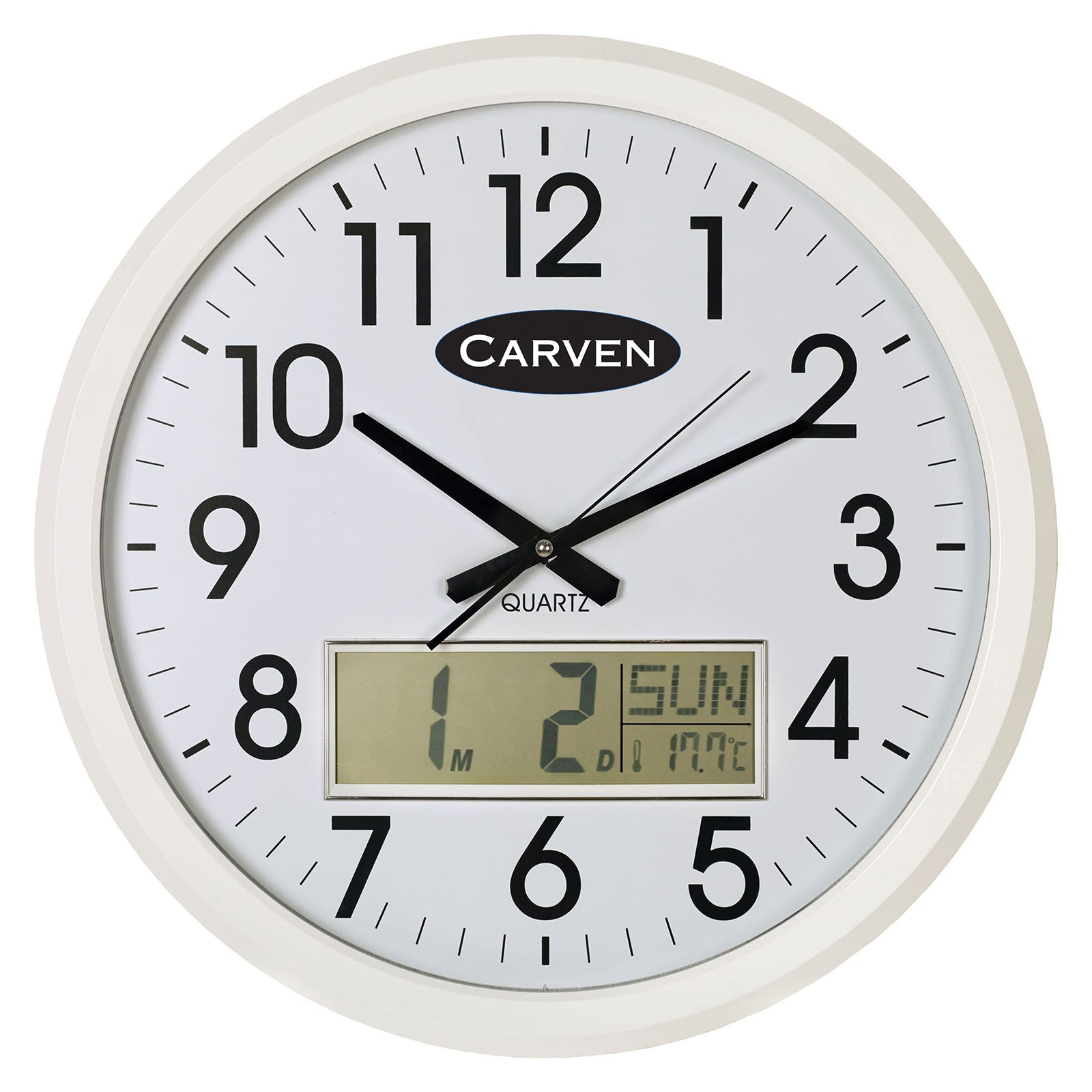 Front facing studio image of the Carven 470mm LCD Calendar Wall Clock against a white background. The oversized analogue clock face, silent sweep second hand and integrated LCD calendar display are clearly presented, showcasing the clean white frame and highly legible design.
