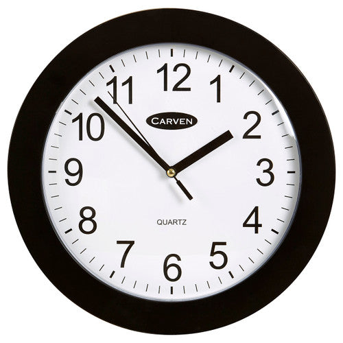 Carven 250mm analogue wall clock with black rim and white face, front view