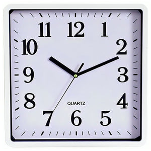 Carven 250mm square wall clock with a white frame, white face, black numerals and Quartz print, shown front on
