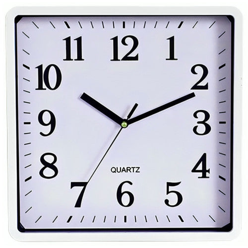 Carven 250mm square analogue wall clock with white frame and glass face