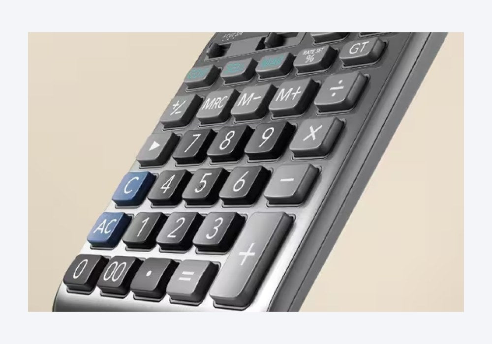Close-up of the DF120FM keypad at an angle, showing the blue C and AC keys and the stepped rows of number keys
