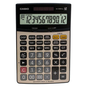 Casio DJ-220D Plus 12 digit desktop calculator with a gold faceplate, black display surround and orange BACK and FORWARD check keys