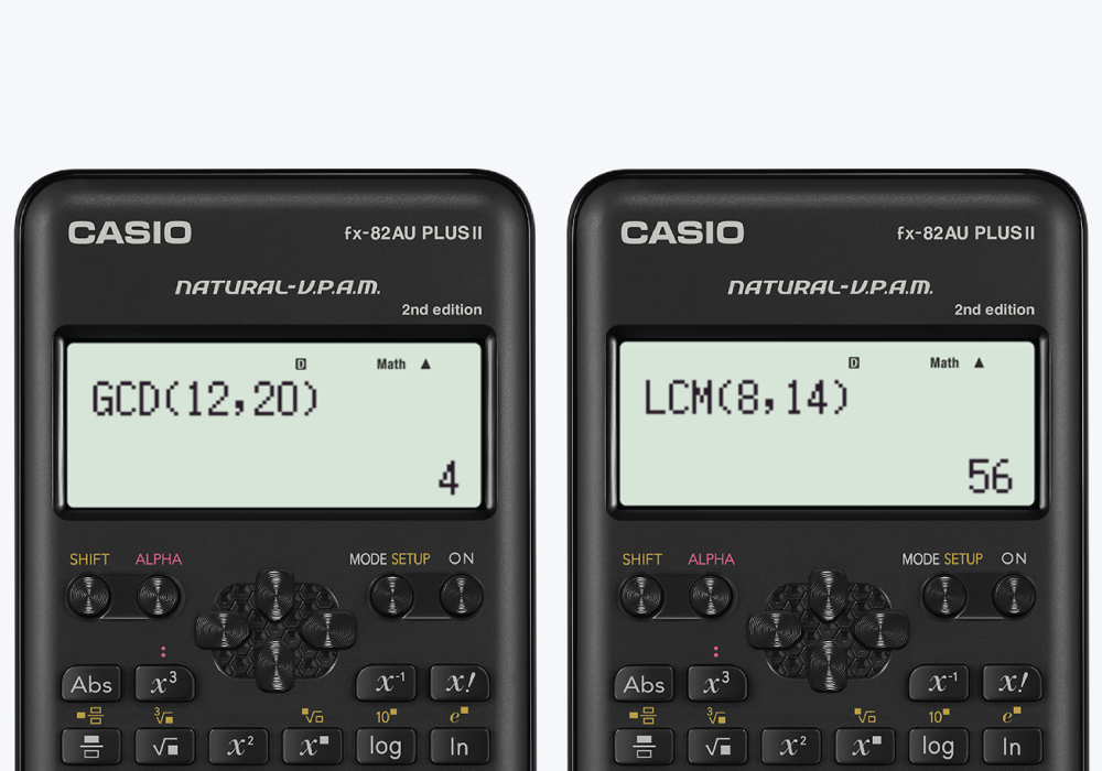 Screen of the Casio FX-82AU PLUS II 2nd Edition scientific calculator demonstrating the greatest common divisor and lowest common multiple functions on the dual-line display