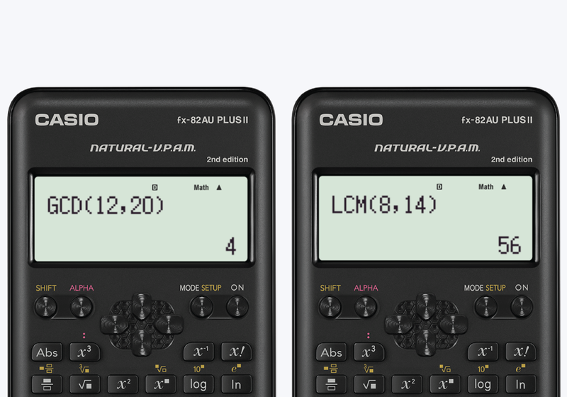 Screen of the Casio FX-82AU PLUS II 2nd Edition scientific calculator demonstrating the greatest common divisor and lowest common multiple functions on the dual-line display