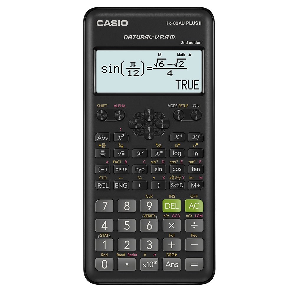 Casio FX-82AU PLUS II 2nd Edition scientific calculator shown front-on in black, with its dual-line natural textbook display and full scientific function keypad on a white background
