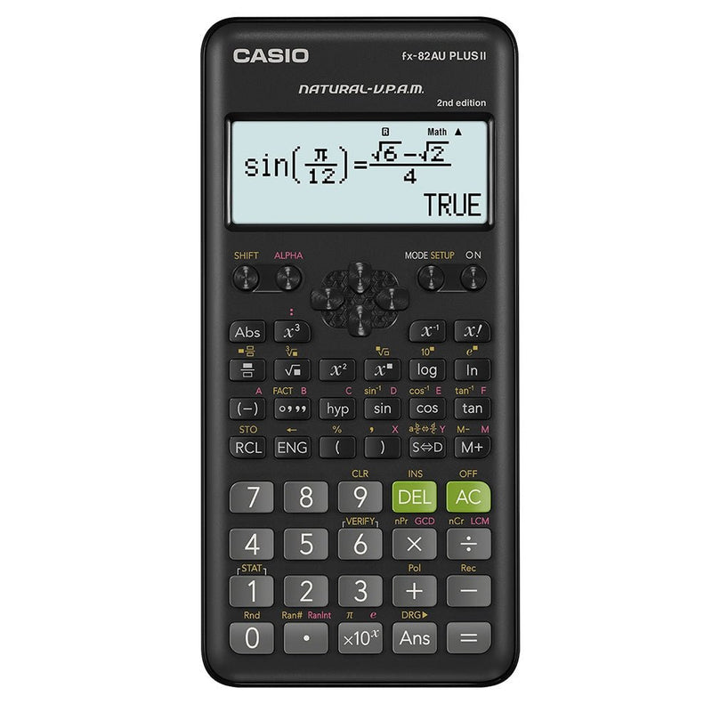 Casio FX-82AU PLUS II 2nd Edition scientific calculator shown front-on in black, with its dual-line natural textbook display and full scientific function keypad on a white background