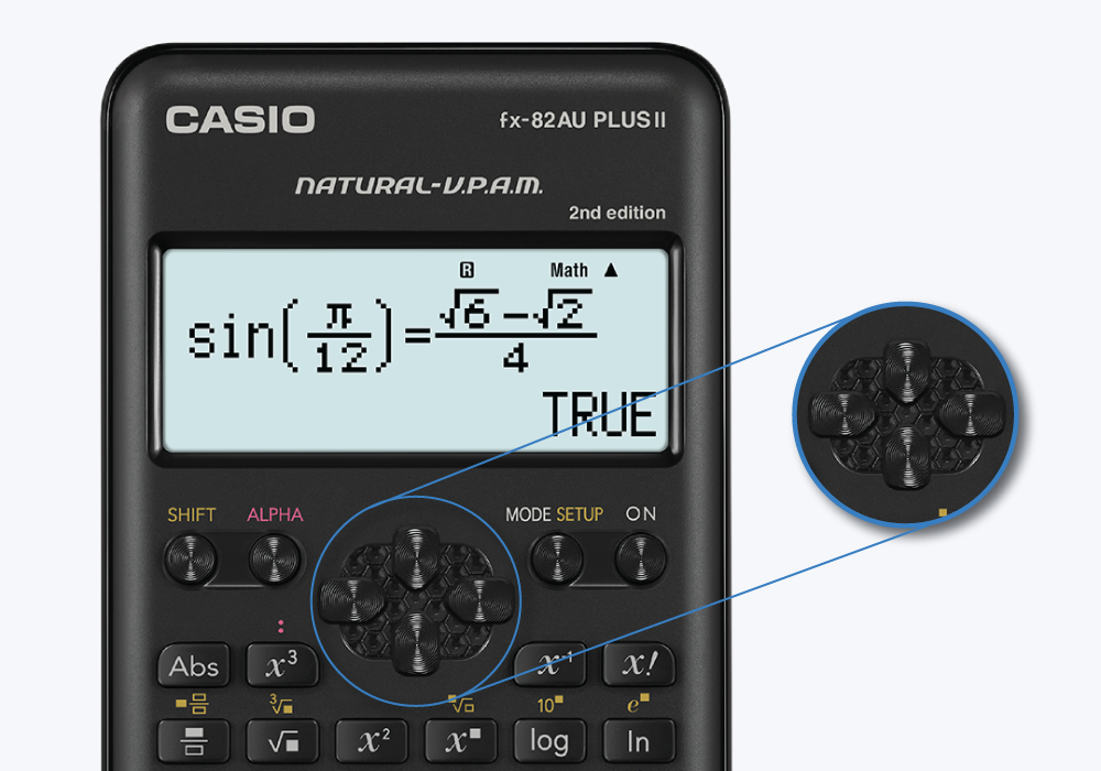 Close-up of the ridged textured cursor keys on the Casio FX-82AU PLUS II 2nd Edition scientific calculator, showing the raised arrow pad that separates cursor and function keys