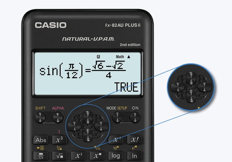 Close-up of the ridged textured cursor keys on the Casio FX-82AU PLUS II 2nd Edition scientific calculator, showing the raised arrow pad that separates cursor and function keys