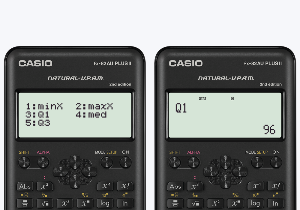 Casio FX-82AU PLUS II 2nd Edition scientific calculator display showing summary statistics output, including median and quartile values from list-based data entry