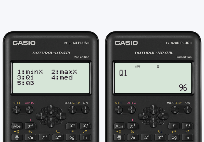 Casio FX-82AU PLUS II 2nd Edition scientific calculator display showing summary statistics output, including median and quartile values from list-based data entry