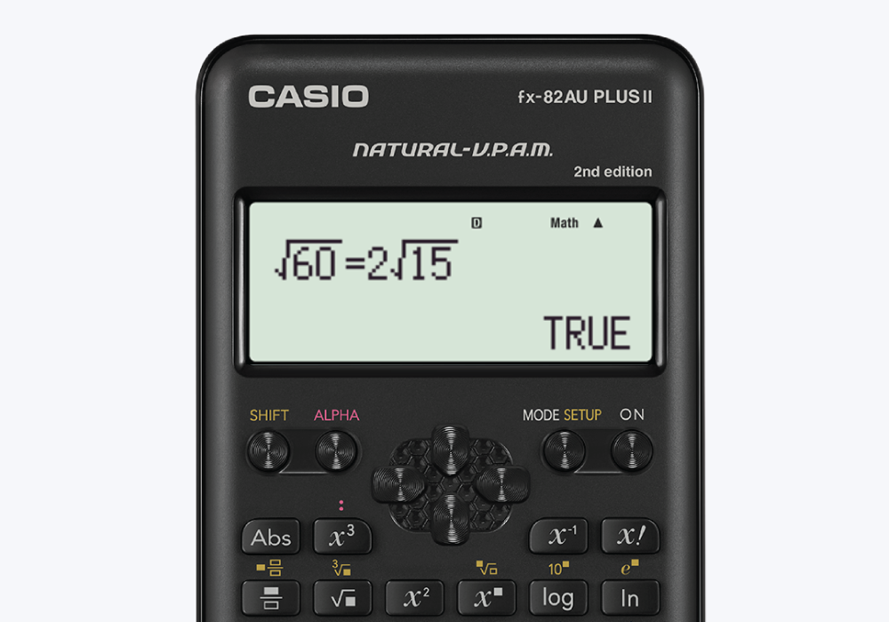 Casio FX-82AU PLUS II 2nd Edition scientific calculator screen showing the verify function confirming whether an equality or inequality is true