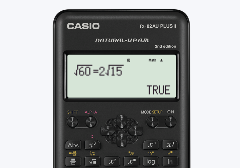 Casio FX-82AU PLUS II 2nd Edition scientific calculator screen showing the verify function confirming whether an equality or inequality is true