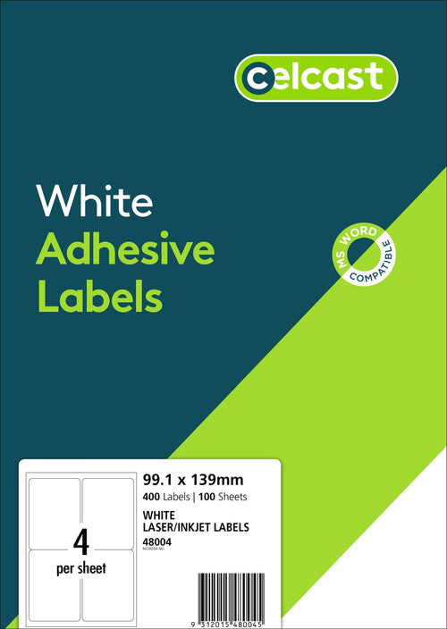 Celcast White Adhesive Labels pack, dark teal and green box with an MS Word Compatible roundel, a 4 per sheet layout diagram, 99.1 x 139mm, 400 Labels 100 Sheets, reorder number 48004.