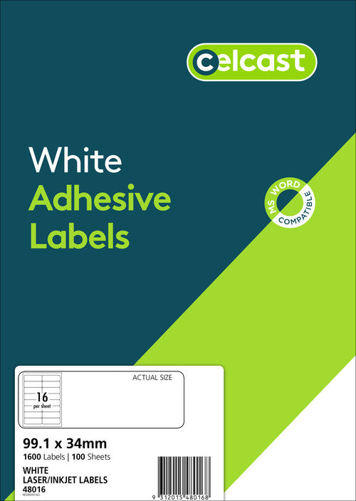 Celcast Labels 48016 99.1x34mm 100 Pack 16-Up | Compact shallow address-width label for high-volume laser printing