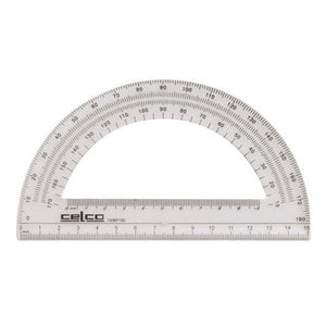 Celco 15cm 180-degree semi-circle protractor in clear plastic with bevelled edge and centre indicator