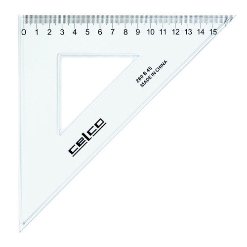 Celco 45 degree clear acrylic set square 26cm with metric scale and bevelled edge on white background