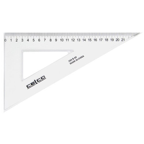 Celco 26cm clear acrylic 60-degree set square showing bevelled edge and metric graduations on white background