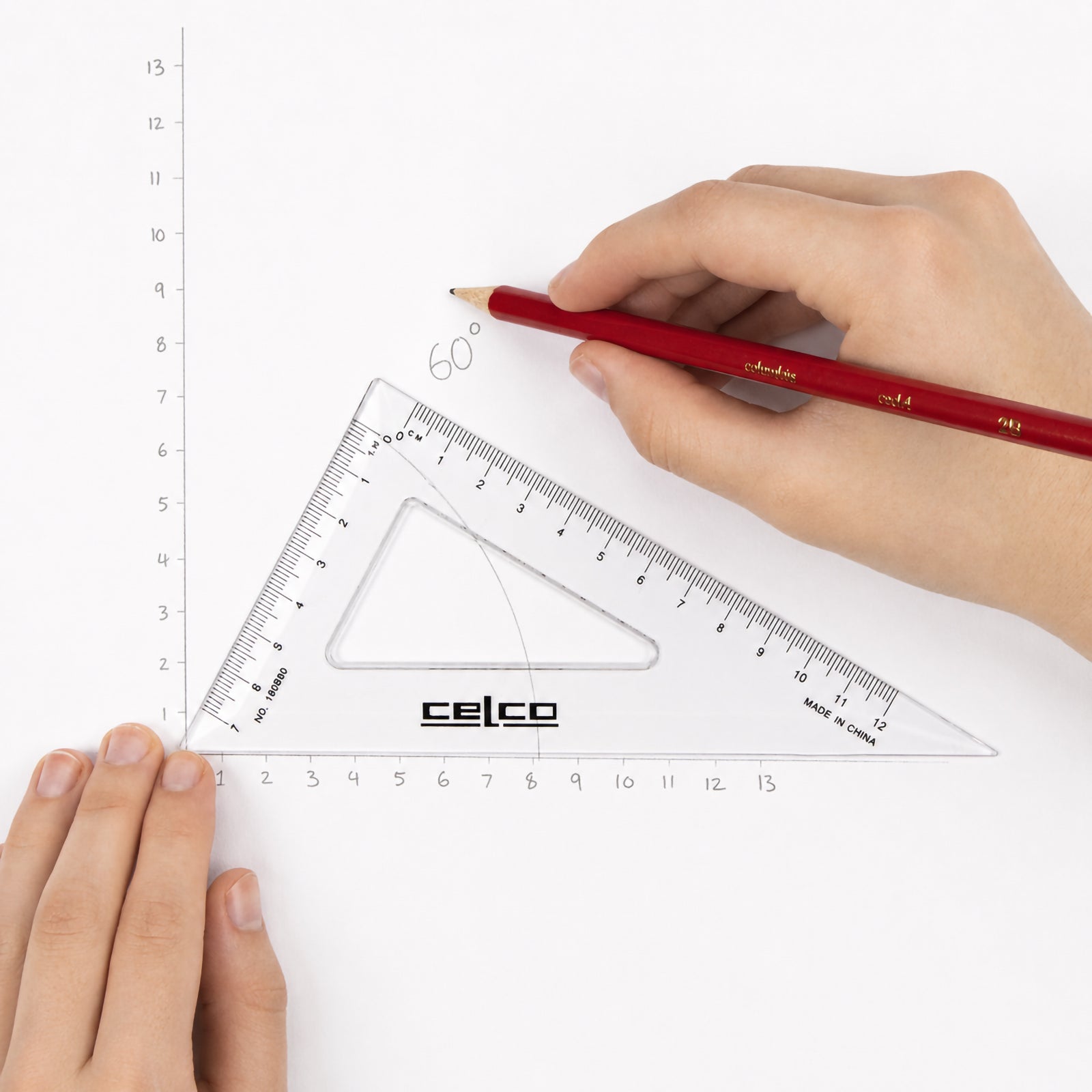 A close overhead view shows hands using the Celco 16cm clear 60 degree set square to construct an accurate 60 degree angle on graph paper. The transparent body and bevelled edge provide precise alignment for technical drawing and geometry work.