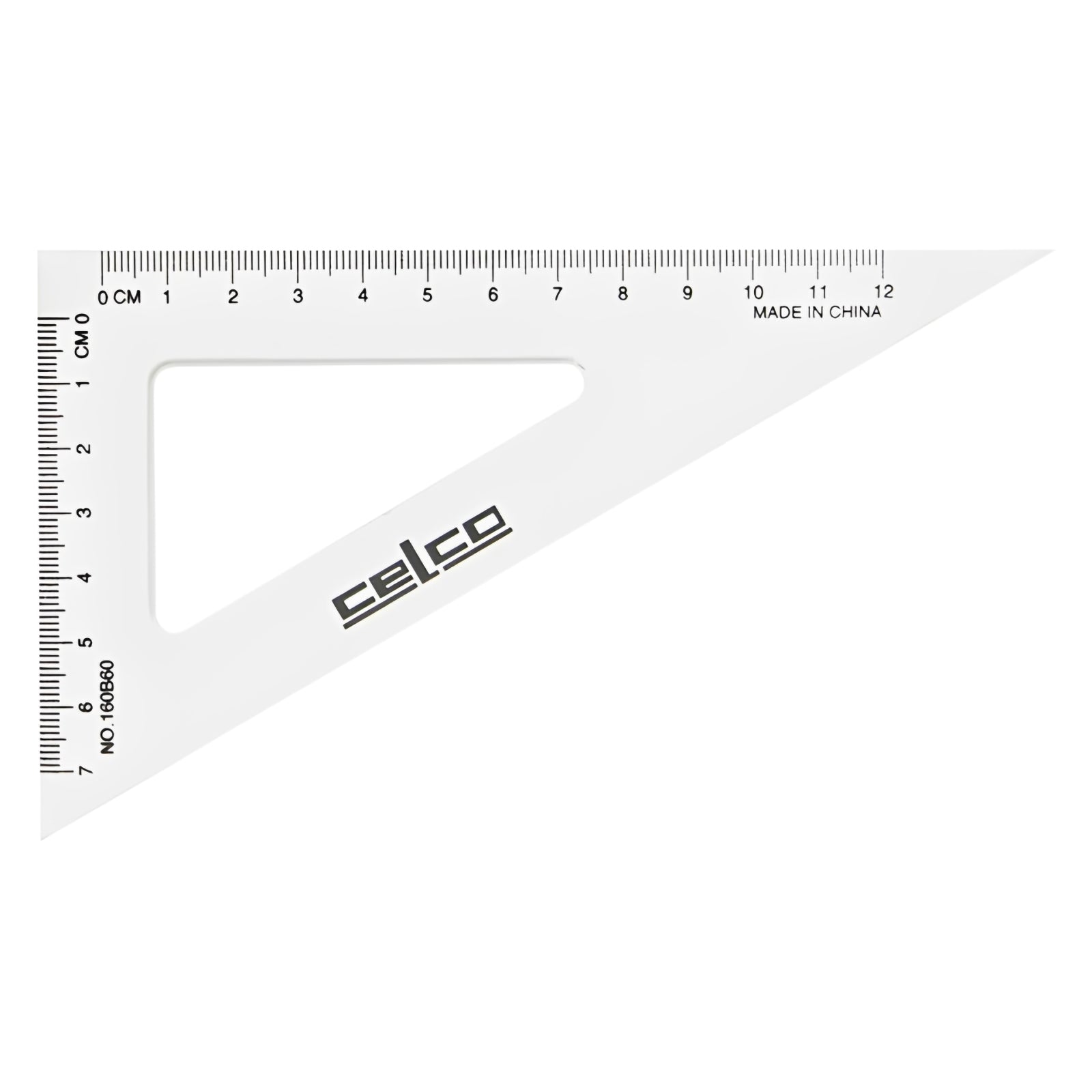 Front facing studio image of the Celco 16cm clear 60 degree set square displayed on a white background. The transparent construction, bevelled edges and clearly printed metric graduations are shown in full detail for accurate product presentation.