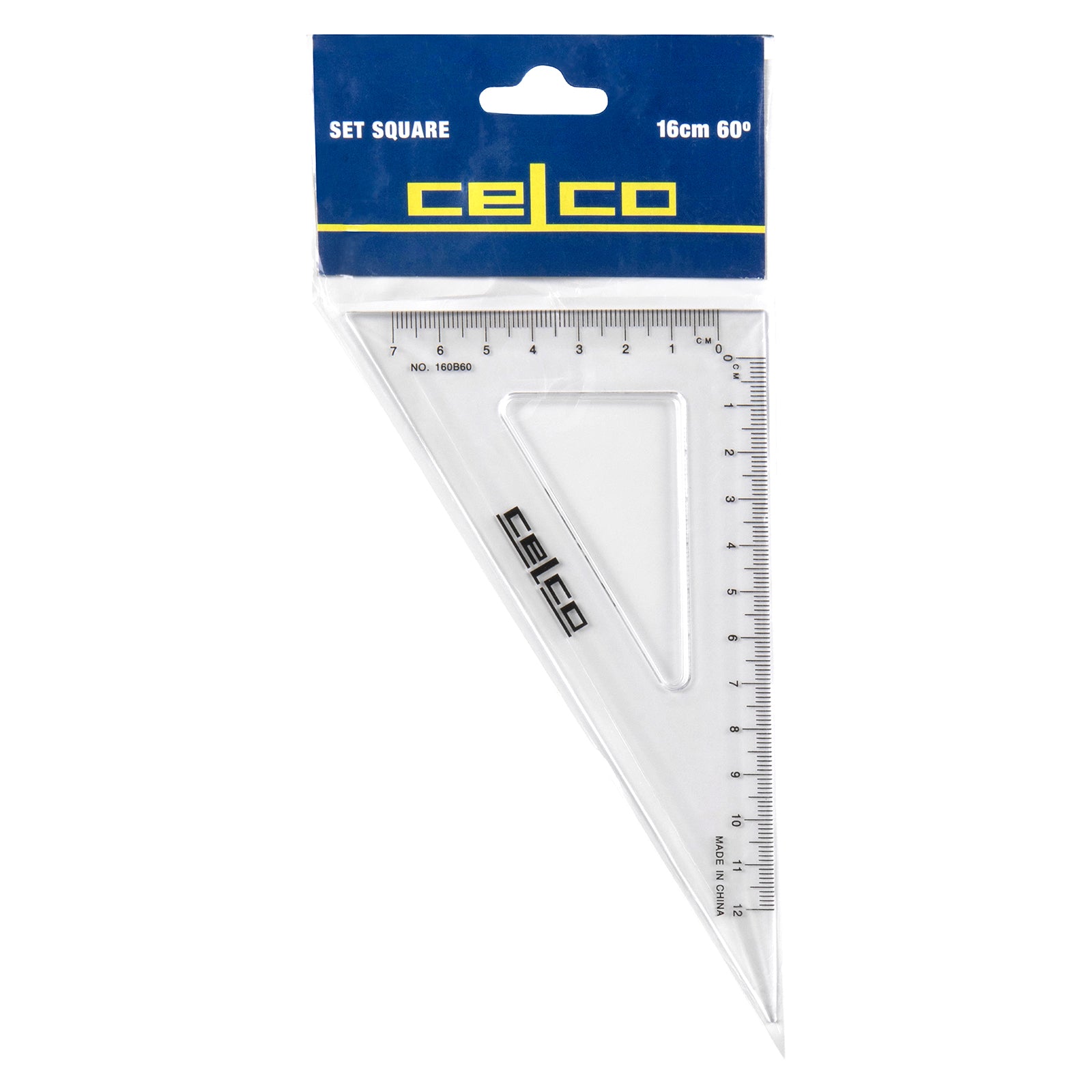 Retail packaged Celco 16cm 60 Degree Set Square displayed against a white background. The product packaging clearly identifies the 16cm size and 60 degree angle while showcasing the transparent set square ready for classroom, office and technical drawing use.