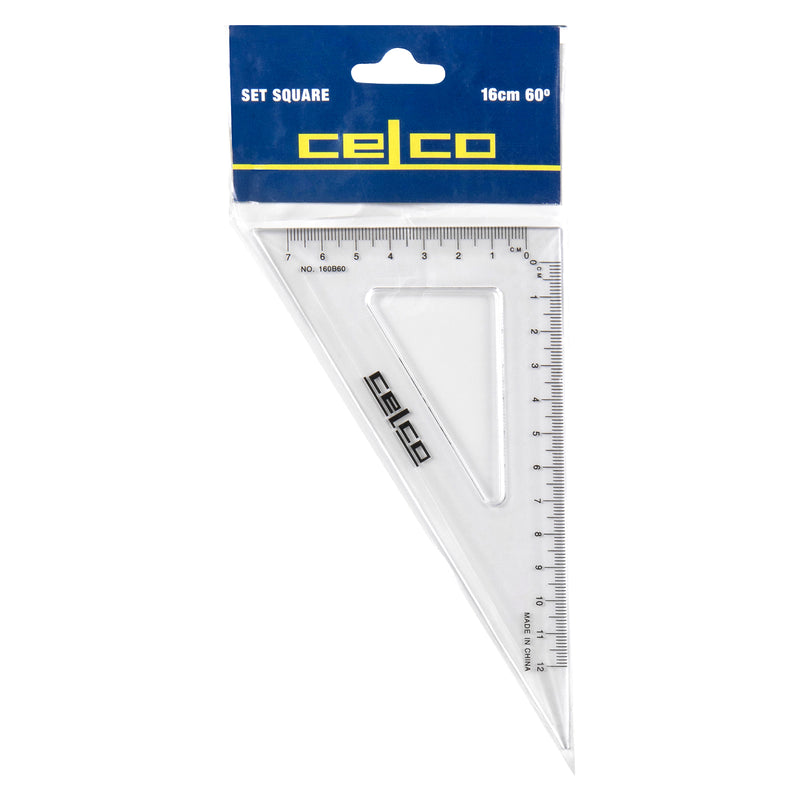 Retail packaged Celco 16cm 60 Degree Set Square displayed against a white background. The product packaging clearly identifies the 16cm size and 60 degree angle while showcasing the transparent set square ready for classroom, office and technical drawing use.