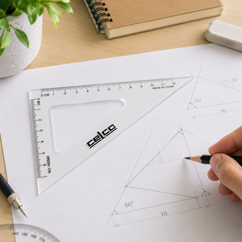 A person uses the Celco 16cm clear 60 degree set square to draw accurate geometric construction lines on a technical drawing. The transparent triangle is positioned over engineering sketches while a pencil and drafting tools demonstrate its precision for classroom and professional use.