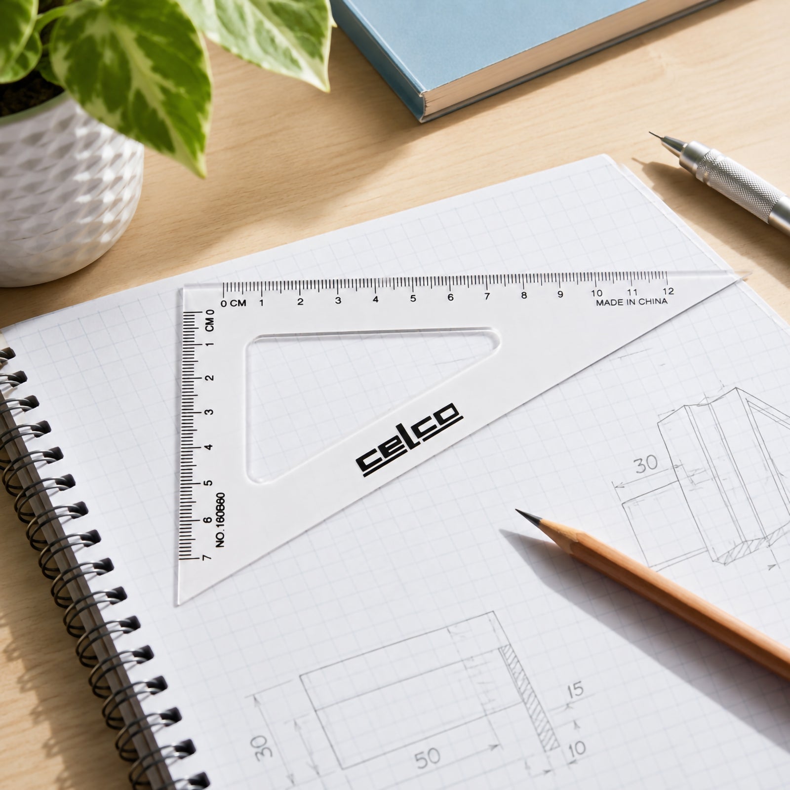 The Celco 16cm clear set square rests on graph paper featuring technical drawings and measurements beside a sharpened pencil and drafting knife. The scene highlights its suitability for design, engineering, architecture and mathematics applications.