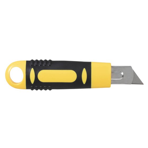Yellow and black Celco auto retractable cutter lying on its side with the trapezoid utility blade extended and a hanging loop at the handle end