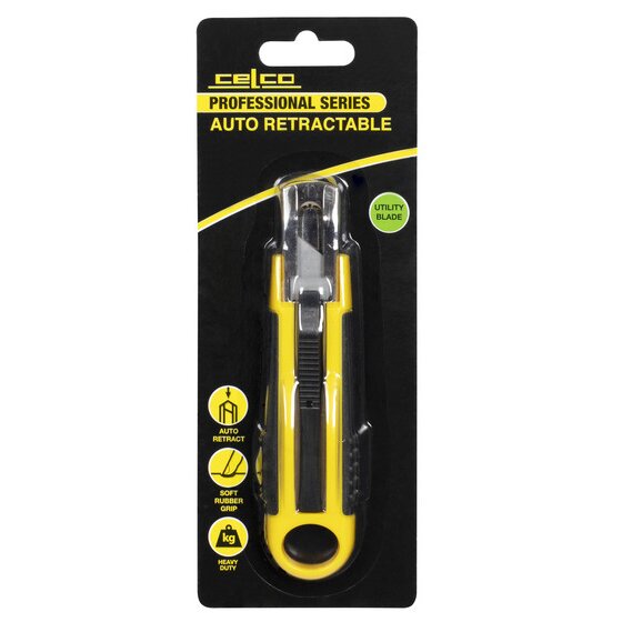 Celco Professional Series auto retractable cutter on its black and yellow card, with icons for auto retract, soft rubber grip and heavy duty