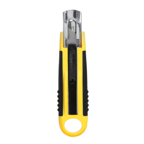 Celco Professional auto retractable cutter standing upright, yellow body with black rubber grip panels, black slider and a silver blade housing at the top