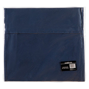 Celco navy polyester chair bag laid flat in its clear wrap, with the black Celco swing tag showing the size and barcode on the lower right corner