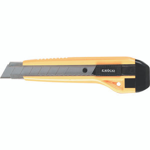 Celco Heavy Duty Auto Lock Value Knife with yellow grooved body and 18mm snap-off blade, shown with included extra blades and blade snapper