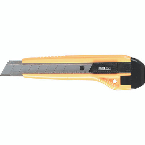 Celco Heavy Duty Auto Lock Value Knife with yellow grooved body and 18mm snap-off blade, shown with included extra blades and blade snapper