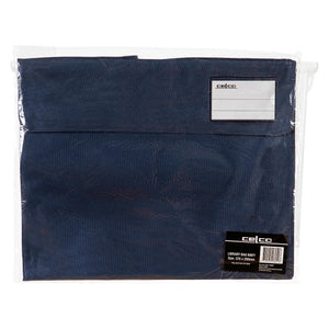 Celco Library Bag in Dark Navy showing front name card pocket and hook and loop closure