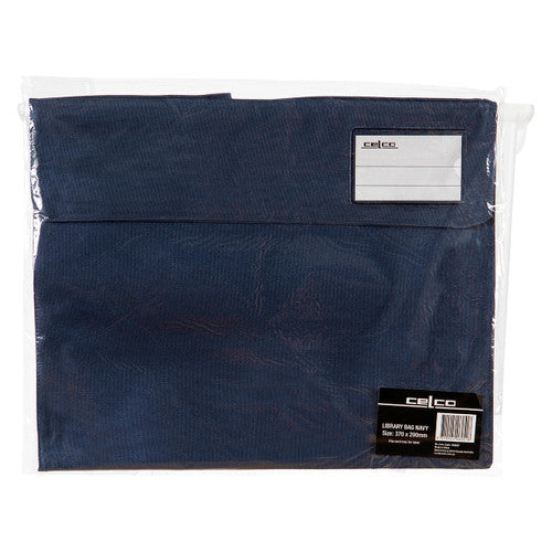 Celco Library Bag in Dark Navy showing front name card pocket and hook and loop closure
