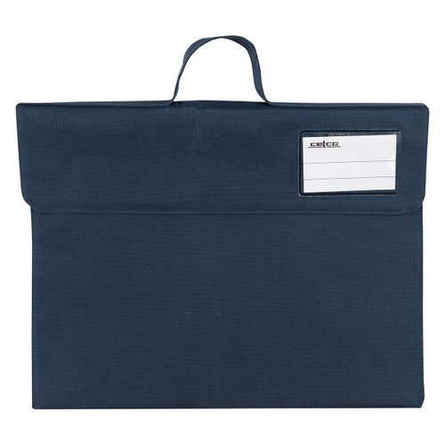 Pack of 10 Celco Dark Navy Library Bags laid flat showing dimensions