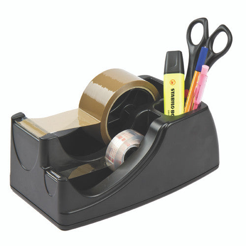 Marbig 2 in 1 dual heavy duty tape dispenser with dual spindles for 50mm and 19mm tape rolls and pen compartment