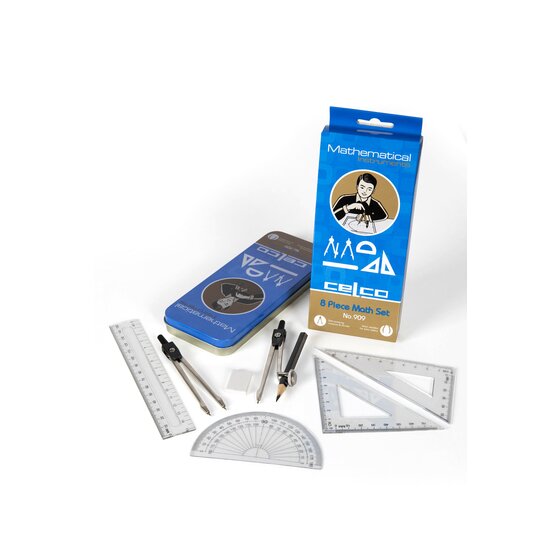 Celco 8 piece maths set No. 909 with its blue Mathematical Instruments box, blue tin, compass, divider, pencil, ruler, set squares and protractor