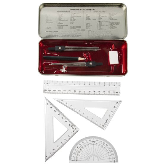 Open Celco 909 maths tin with a red tray holding the compass, divider, pencil and eraser, and the 15cm ruler, two set squares and protractor laid out below