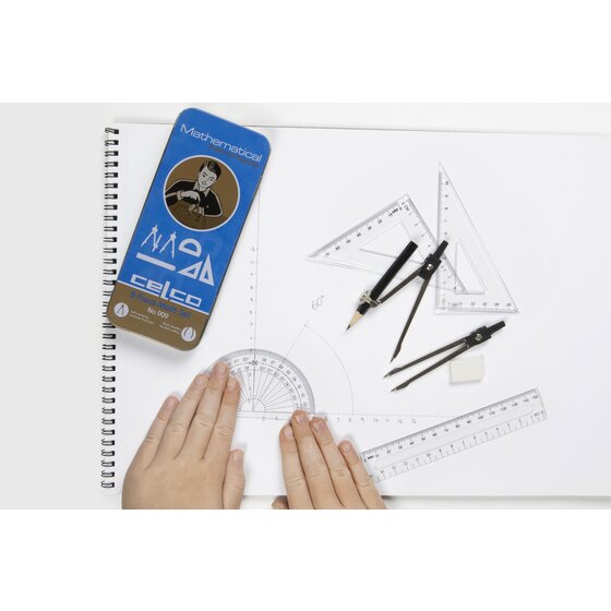 Hands using the Celco 909 protractor and set squares on a sketch pad, with the compass, divider and blue tin beside them