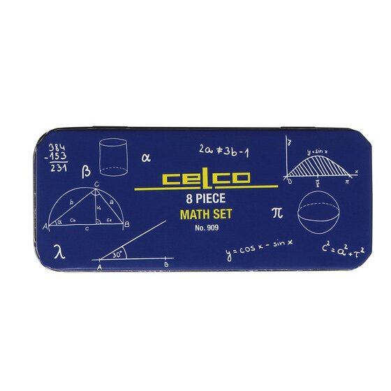 Lid of the Celco 909 maths set tin, dark blue printed with maths symbols and the words 8 Piece Math Set No. 909