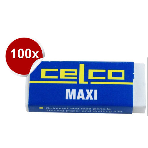 Celco Maxi Erasers box of 100, individually cellophane wrapped, PVC-free and latex-free, 56x22x11mm
