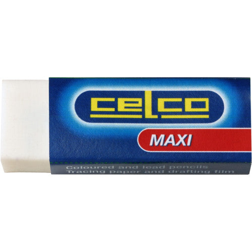 Close-up of a Celco Maxi Eraser measuring 56x22x11mm with handling sleeve, suitable for graphite and coloured pencils