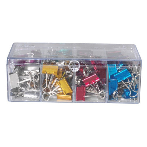 Celco 19mm metallic fold back clips in assorted colours, box of 96, displayed on a white background